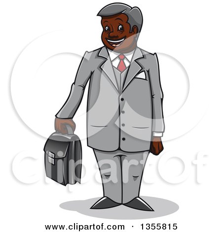 Clipart of a Cartoon Happy Black Businessman Standing and Holding a Briefcase - Royalty Free Vector Illustration by Vector Tradition SM