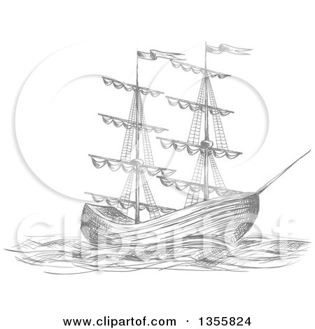 Clipart of a Sketched Gray Sailing Tall Ship - Royalty Free Vector Illustration by Vector Tradition SM