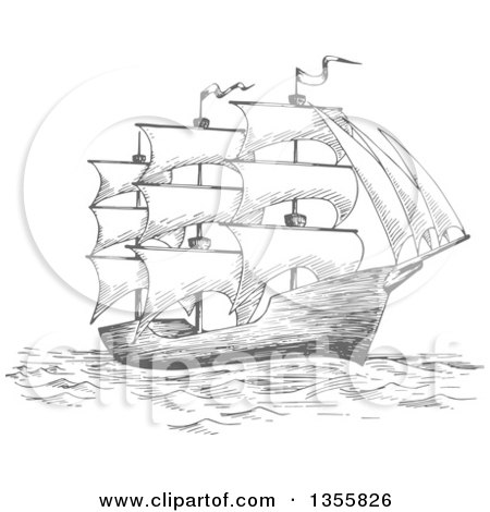 Clipart of a Sketched Gray Sailing Tall Ship - Royalty Free Vector Illustration by Vector Tradition SM