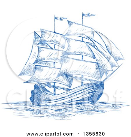 Clipart of a Sketched Blue Sailing Tall Ship - Royalty Free Vector Illustration by Vector Tradition SM