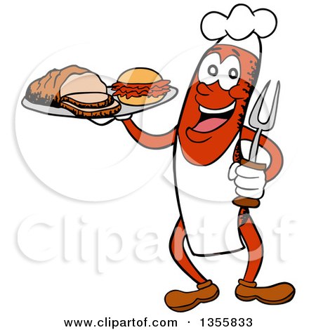 Clipart of a Cartoon Sausage Chef Holding a Pulled Pork Sandwich and Brisket on a Tray - Royalty Free Vector Illustration by LaffToon