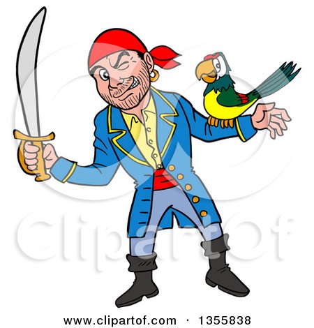 Clipart of a Cartoon Pirate Holding a Sword and Winking with a Parrot on His Arm - Royalty Free Vector Illustration by LaffToon