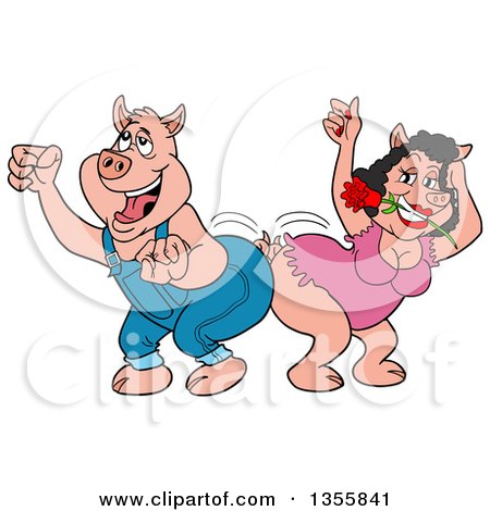 Clipart of a Cartoon Latina Pig Dancing with a Male in Overalls - Royalty Free Vector Illustration by LaffToon