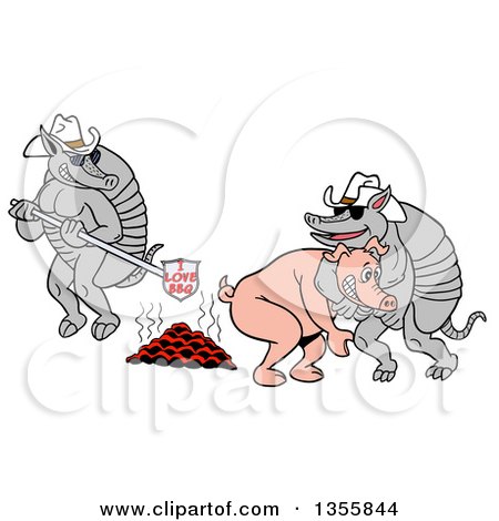 Clipart of a Cartoon Armadillo Cowboys Branding a Pig with I Love Bbq - Royalty Free Vector Illustration by LaffToon