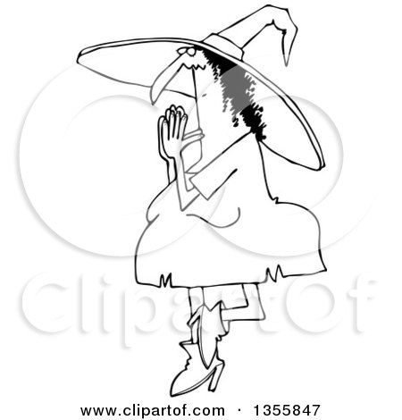 Outline Clipart of a Cartoon Black and White Halloween Witch Doing Yoga - Royalty Free Lineart Vector Illustration by djart
