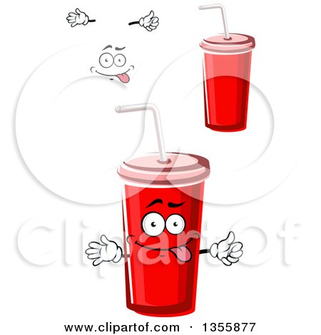 Clipart of a Cartoon Face, Hands and Red Fountain Soda Cups - Royalty Free Vector Illustration by Vector Tradition SM