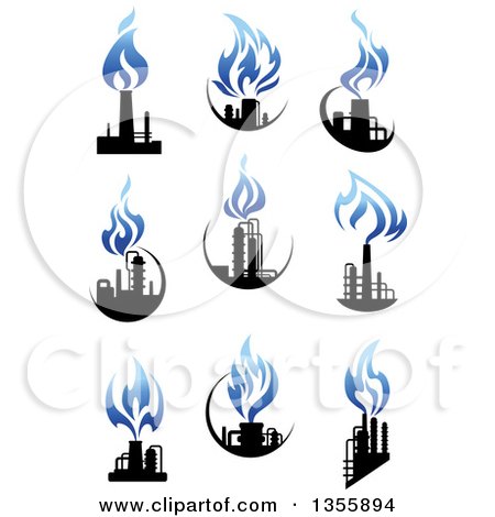 Clipart of Black and Blue Natural Gas and Flame Factory Designs - Royalty Free Vector Illustration by Vector Tradition SM
