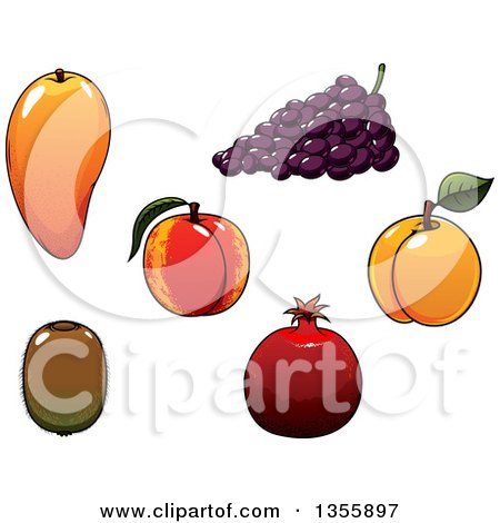 Clipart of a Cartoon Mango, Grapes, Peach, Apricot, Pomegranate and Kiwi - Royalty Free Vector Illustration by Vector Tradition SM