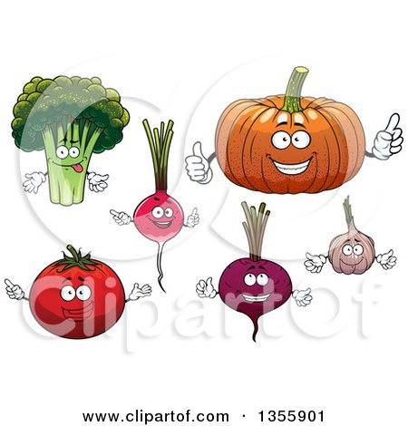 Clipart of Cartoon Broccoli, Radish, Pumpkin, Beet, Garlic and Tomato Characters - Royalty Free Vector Illustration by Vector Tradition SM