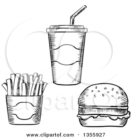 Clipart of a Black and White Sketched Fountain Soda, French Fries and Hamburger - Royalty Free Vector Illustration by Vector Tradition SM