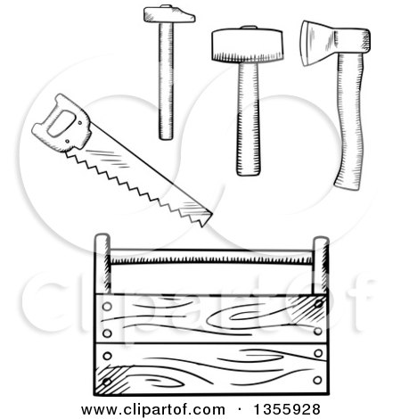 Clipart of a Black and White Sketched Tool Box, Axe, Mallet and Saw - Royalty Free Vector Illustration by Vector Tradition SM