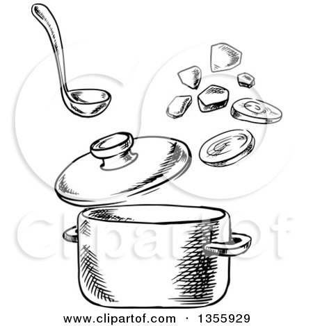 Clipart of a Black and White Sketched Soup Pot and Chopped Carrot and Potato - Royalty Free Vector Illustration by Vector Tradition SM