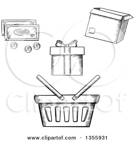 Clipart of a Black and White Sketched Shopping Basket, Box, Gift and Money - Royalty Free Vector Illustration by Vector Tradition SM