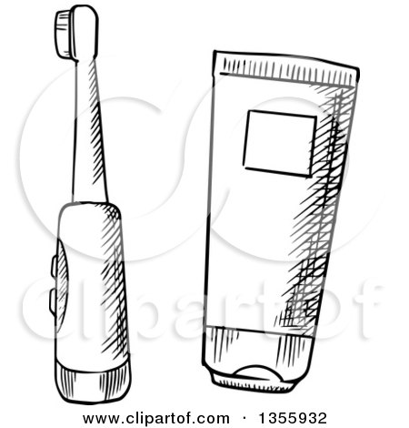Clipart of a Black and White Sketched Toothbrush and Paste - Royalty Free Vector Illustration by Vector Tradition SM