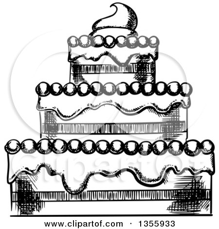 Clipart of a Black and White Sketched Wedding Cake - Royalty Free Vector Illustration by Vector Tradition SM