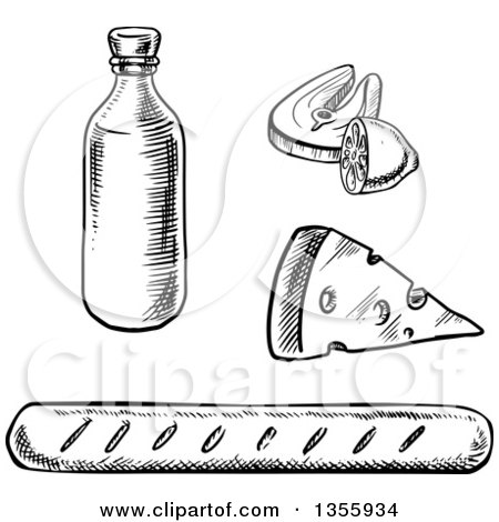 Clipart of a Black and White Sketched Wine Bottle, Salmon, Cheese and Bread - Royalty Free Vector Illustration by Vector Tradition SM