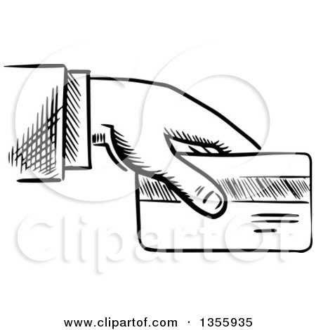Clipart of a Black and White Sketched Business Man's Hand Holding a Credit Card - Royalty Free Vector Illustration by Vector Tradition SM