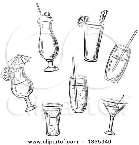 Clipart of Black and White Sketched Cocktails - Royalty Free Vector Illustration by Vector Tradition SM