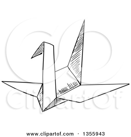 Clipart of a Black and White Sketched Origami Crane - Royalty Free Vector Illustration by Vector Tradition SM