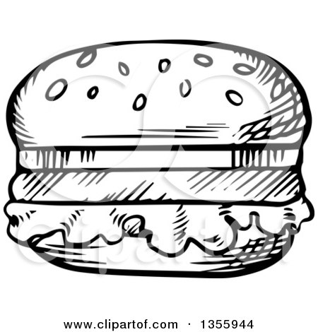 Clipart of a Black and White Sketched Hamburger - Royalty Free Vector Illustration by Vector Tradition SM