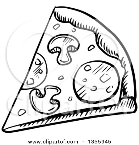 Clipart of a Black and White Sketched Pizza Slice - Royalty Free Vector Illustration by Vector Tradition SM