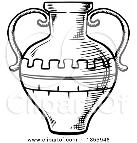 Clipart of a Black and White Sketched Two Handled Ancient Amphora - Royalty Free Vector Illustration by Vector Tradition SM