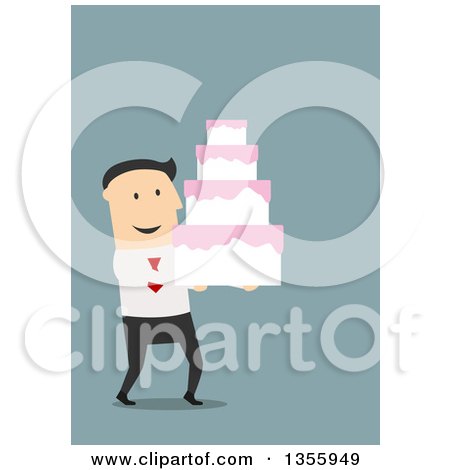 Clipart of a Flat Design White Businessman Carrying a Wedding Cake, on Blue - Royalty Free Vector Illustration by Vector Tradition SM