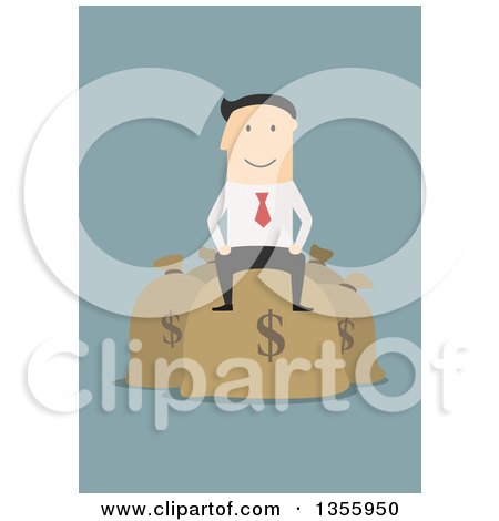 Clipart of a Flat Design White Businessman Sitting on Money Bags, on Blue - Royalty Free Vector Illustration by Vector Tradition SM