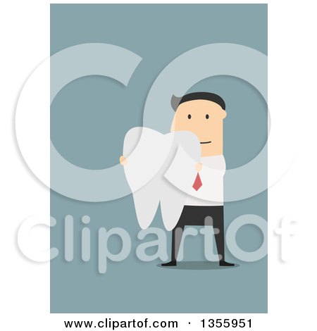 Clipart of a Flat Design White Businessman Holding a Tooth, on Blue - Royalty Free Vector Illustration by Vector Tradition SM