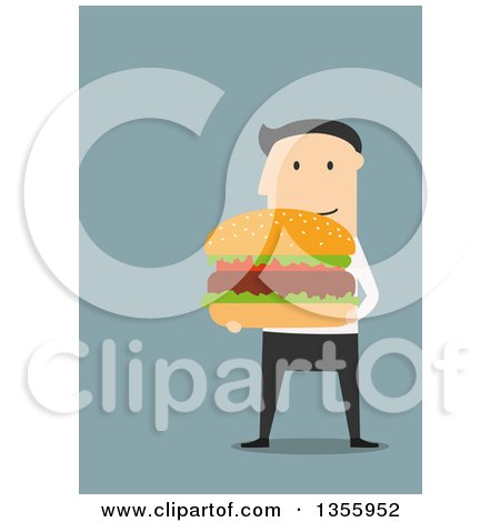 Clipart of a Flat Design White Businessman Holding a Giant Hamburger, on Blue - Royalty Free Vector Illustration by Vector Tradition SM