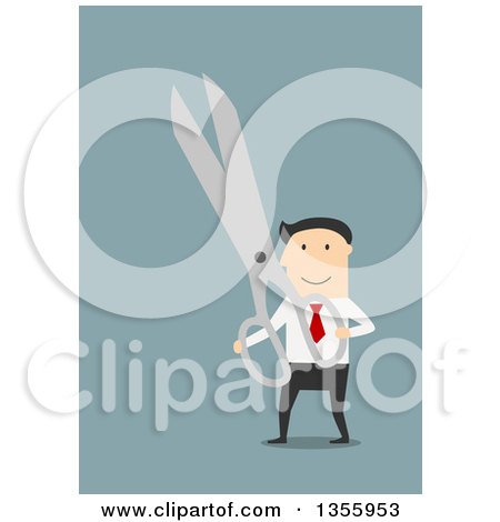 Clipart of a Flat Design White Businessman Holding Giant Scissors, on Blue - Royalty Free Vector Illustration by Vector Tradition SM