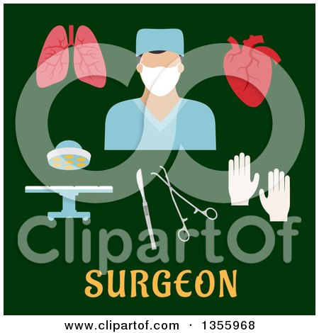 Clipart of a Flat Design Surgeon in Scrubs, Lungs, Heart, Gloves, Tools and Operating Table - Royalty Free Vector Illustration by Vector Tradition SM