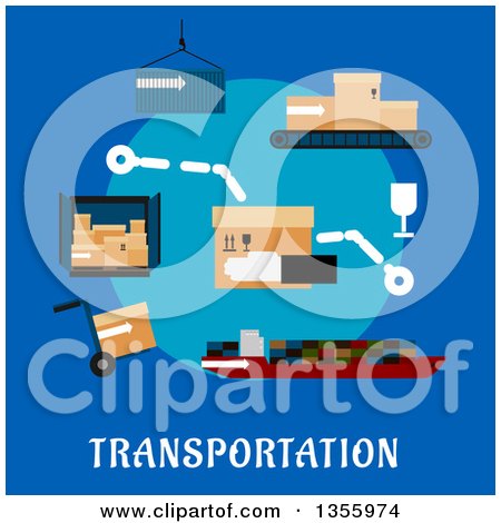 Clipart of a Flat Design Cargo Ship, Containers, Hand Truck and Conveyor Belt with Delivery Boxes over Text on Blue - Royalty Free Vector Illustration by Vector Tradition SM