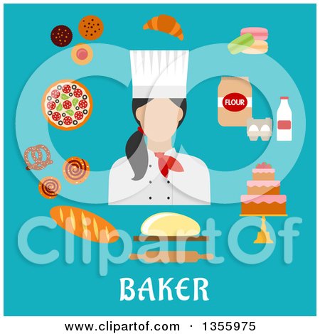 Clipart of a Flat Design Female Baker and Goods over Text on Blue - Royalty Free Vector Illustration by Vector Tradition SM