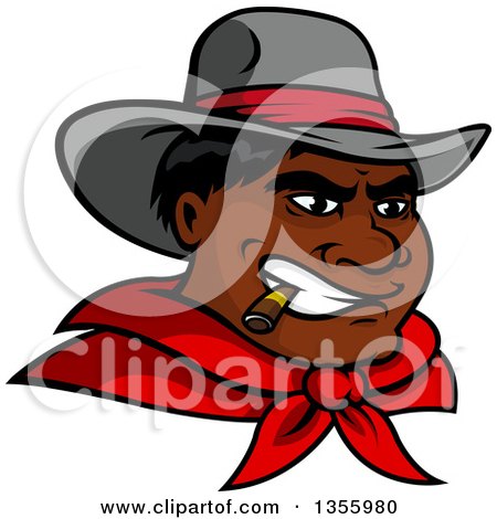 Clipart of a Black Male Cowboy Wearing a Red Bandana and Smoking a Cigar - Royalty Free Vector Illustration by Vector Tradition SM