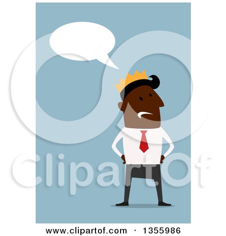 Clipart of a Flat Design Black Businessman Wearing a Crown and Talking, over Blue - Royalty Free Vector Illustration by Vector Tradition SM