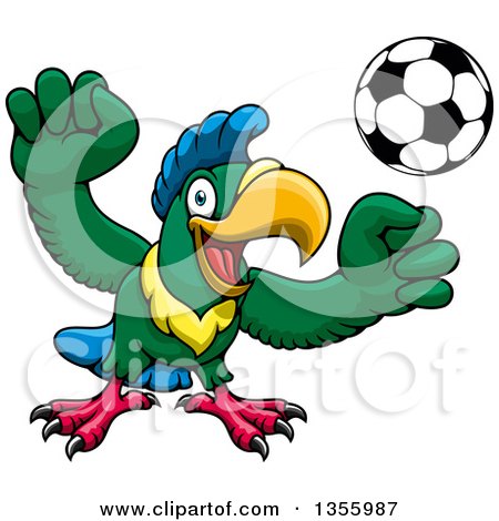 Clipart of a Cartoon Parrot Mascot Playing Soccer - Royalty Free Vector Illustration by Vector Tradition SM