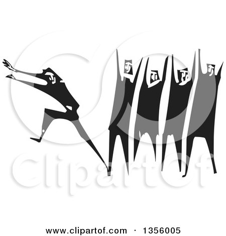 Clipart of a Black and White Woodcut Man Running Away from a Group - Royalty Free Vector Illustration by xunantunich