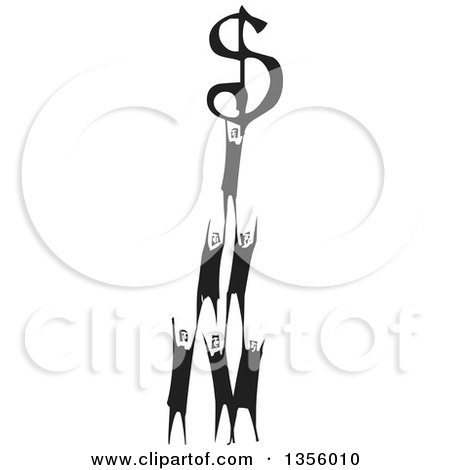 Clipart of a Black and White Woodcut Group of Men Forming a Pyramid with a Dollar Currency Symbol at the Top - Royalty Free Vector Illustration by xunantunich