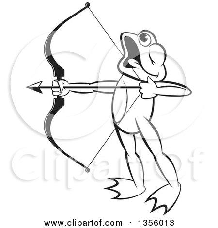 Clipart of a Cartoon Black and White Frog Archer Aiming an Arrow - Royalty Free Vector Illustration by Lal Perera