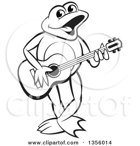 Clipart of a Cartoon Black and White Frog Playing a Guitar - Royalty Free Vector Illustration by Lal Perera