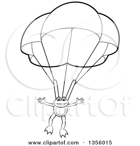 Clipart of a Cartoon Black and White Frog Parachuting - Royalty Free Vector Illustration by Lal Perera
