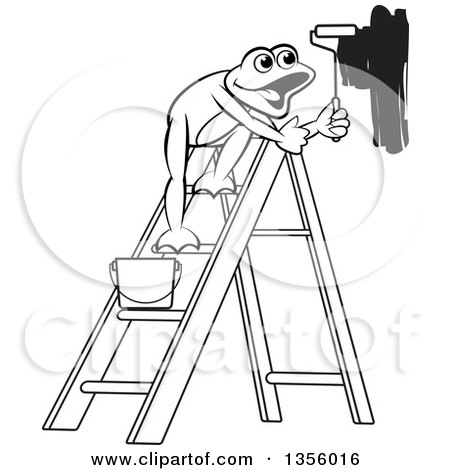 Clipart of a Cartoon Black and White Frog on a Ladder, Painting a Wall - Royalty Free Vector Illustration by Lal Perera