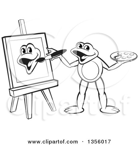 Clipart of a Cartoon Black and White Frog Artist Painting - Royalty Free Vector Illustration by Lal Perera