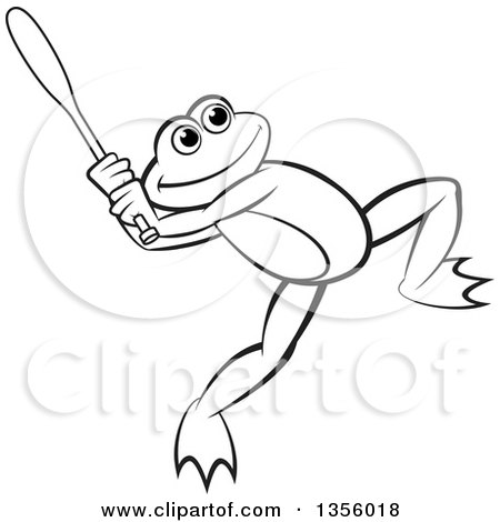 Clipart of a Cartoon Black and White Frog Swinging a Baseball Bat - Royalty Free Vector Illustration by Lal Perera