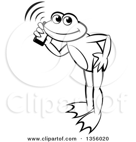 Clipart of a Cartoon Black and White Frog Talking on a Smart Phone - Royalty Free Vector Illustration by Lal Perera