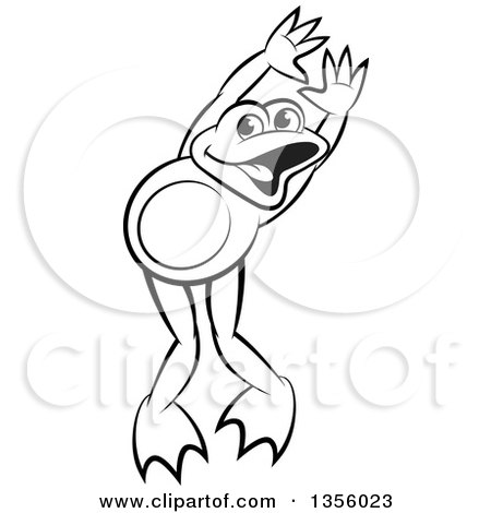 Clipart of a Cartoon Black and White Frog Dancing - Royalty Free Vector Illustration by Lal Perera