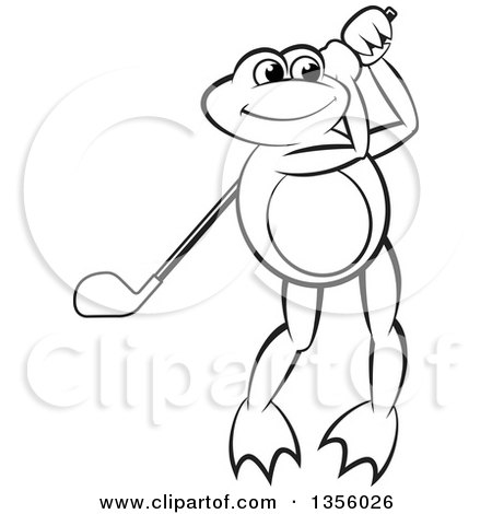 Clipart of a Cartoon Black and White Frog Playing Golf - Royalty Free Vector Illustration by Lal Perera
