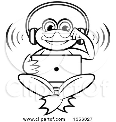 Clipart of a Cartoon Black and White Frog Wearing Headphones and Watching Something on a Laptop Computer - Royalty Free Vector Illustration by Lal Perera