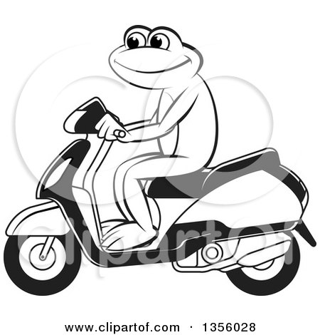 Clipart of a Cartoon Black and White Frog Riding a Scooter - Royalty Free Vector Illustration by Lal Perera